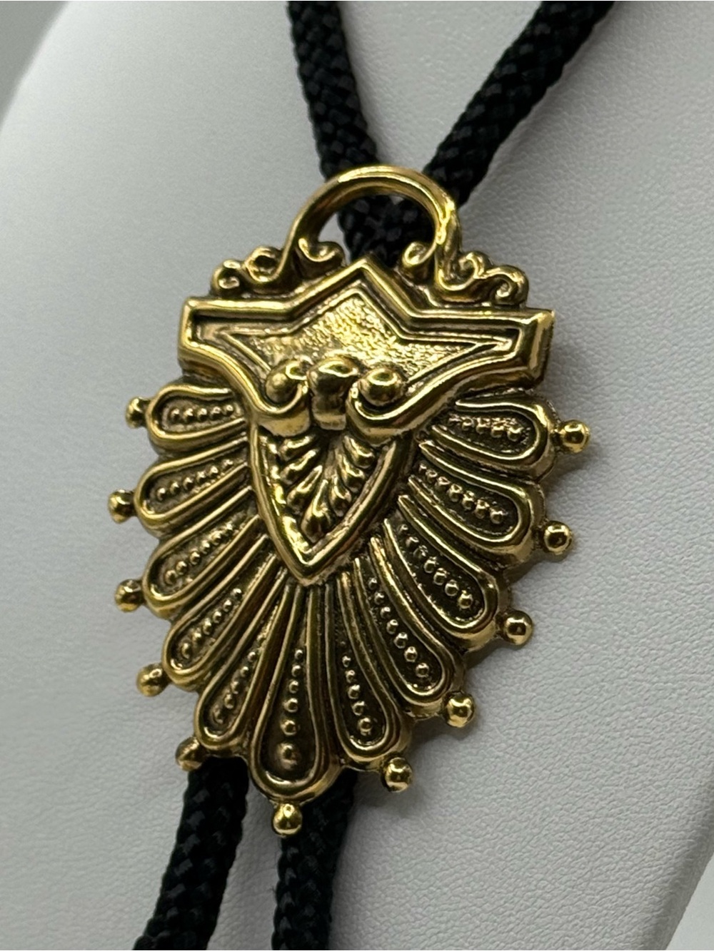 Gold Shield Pendant Bolo Tie Necklace - Black Cord - Picture 5 of 6